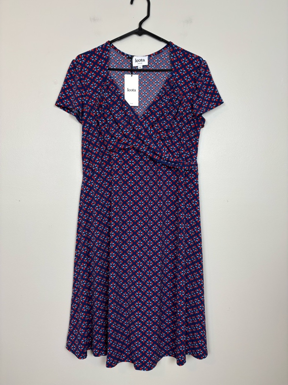 Leota Dress Womens XL Faux Wrap Short Sleeve Midi Stretch Geometric Blue Red